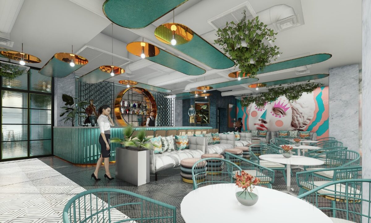 Rendering of Acsiopolis Residents Pool Bar interior, featuring teal and gold accents, artistic murals, and lush greenery.