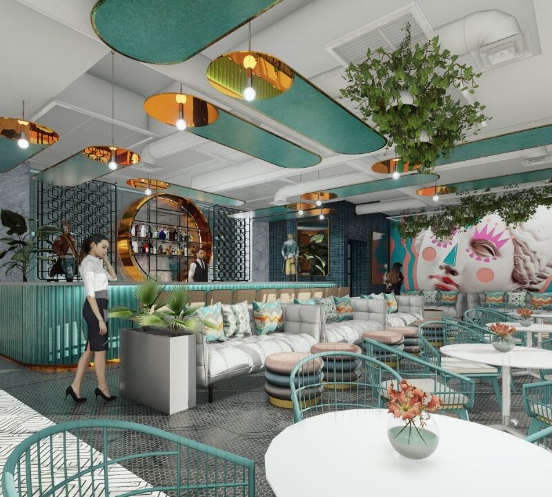 Rendering of Acsiopolis Residents Pool Bar interior, featuring teal and gold accents, artistic murals, and lush greenery.